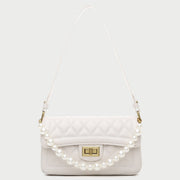 Faux pearl handle turn-lock quilted PU leather shoulder bag