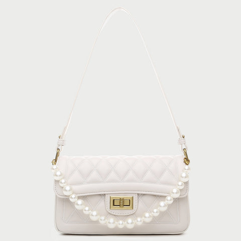 Faux pearl handle turn-lock quilted PU leather shoulder bag