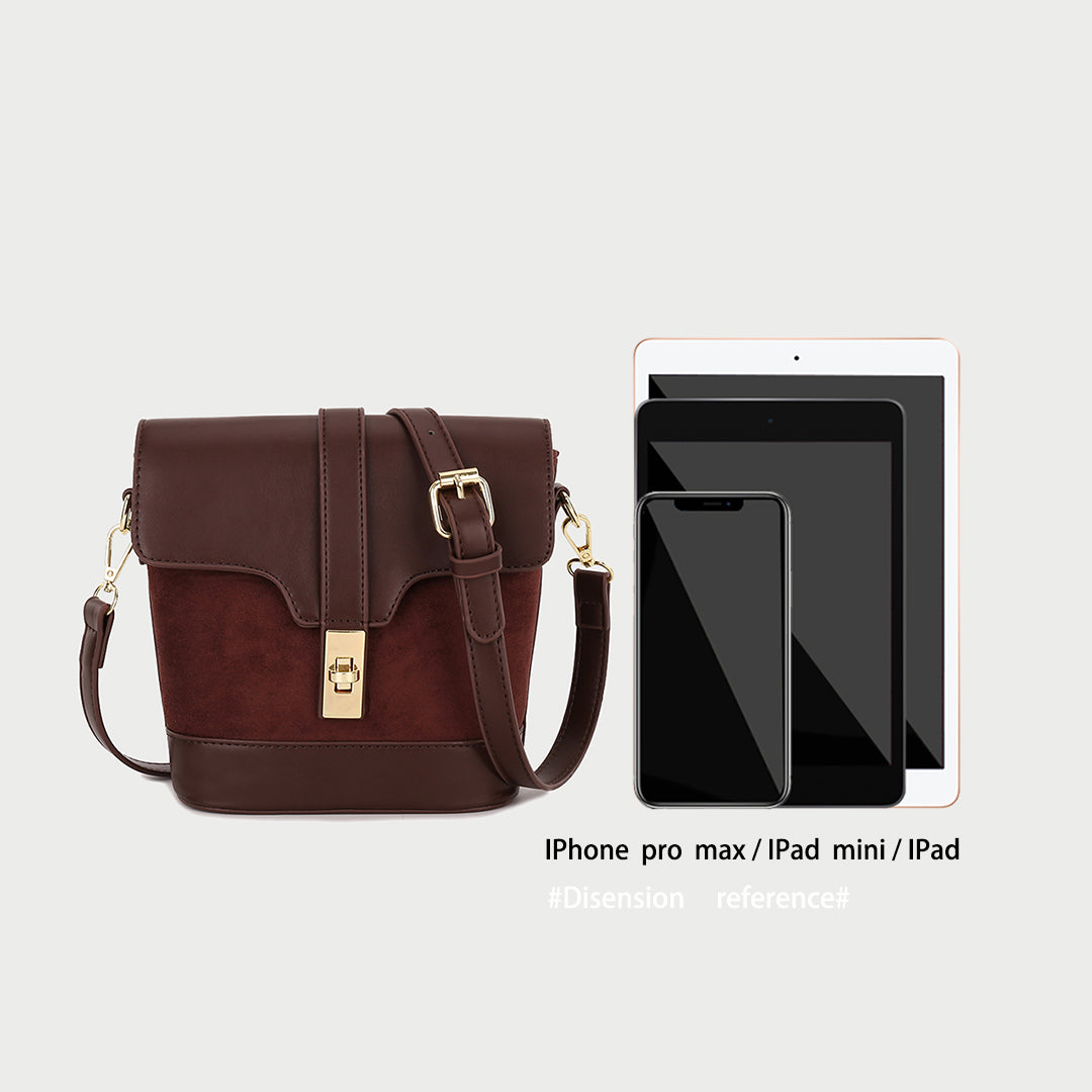 Metal turn-lock strap saddle flap PU leather bucket crossbody bag