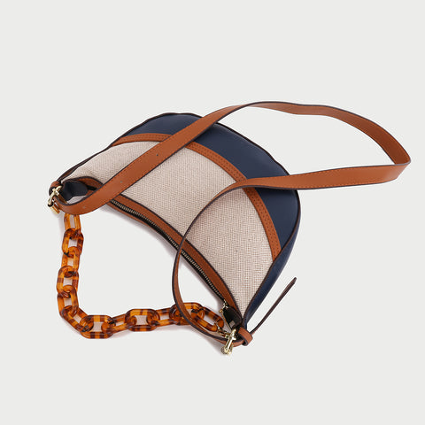 Agate-effect chain handle colourblock canvas PU leather crossbody bag