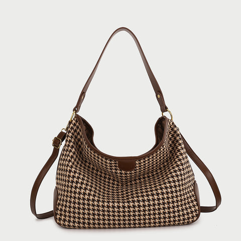 Houndstooth print PU leather trim shoulder bag (with an extra strap)