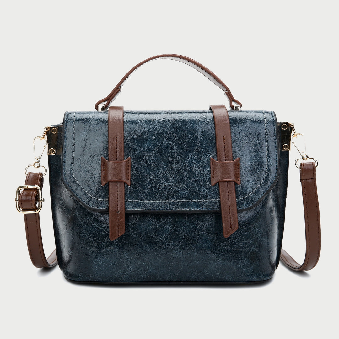 Retro contrast strapped flapover style unisex marble-effect PU leather bag