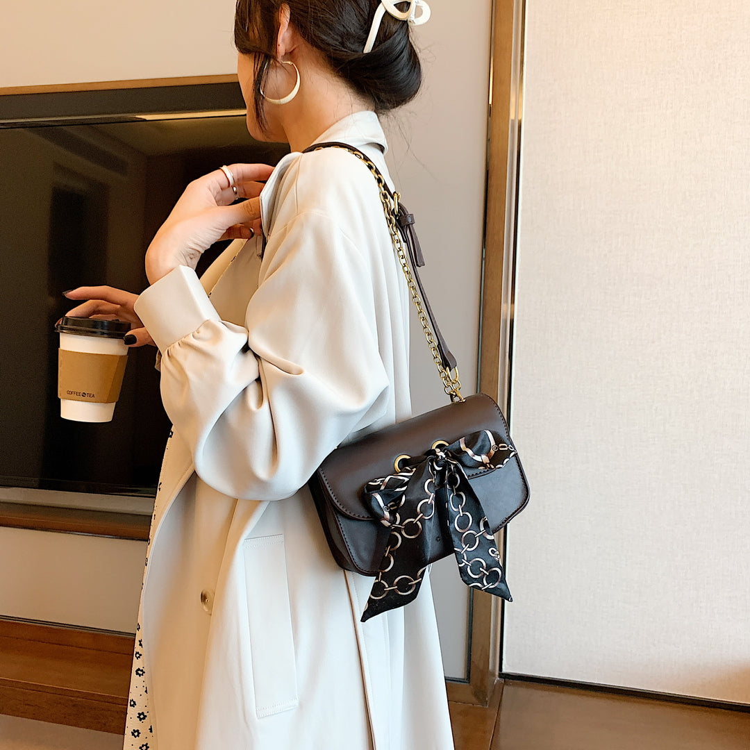 Silky scarf bow embellished flap style PU leather crossbody bag