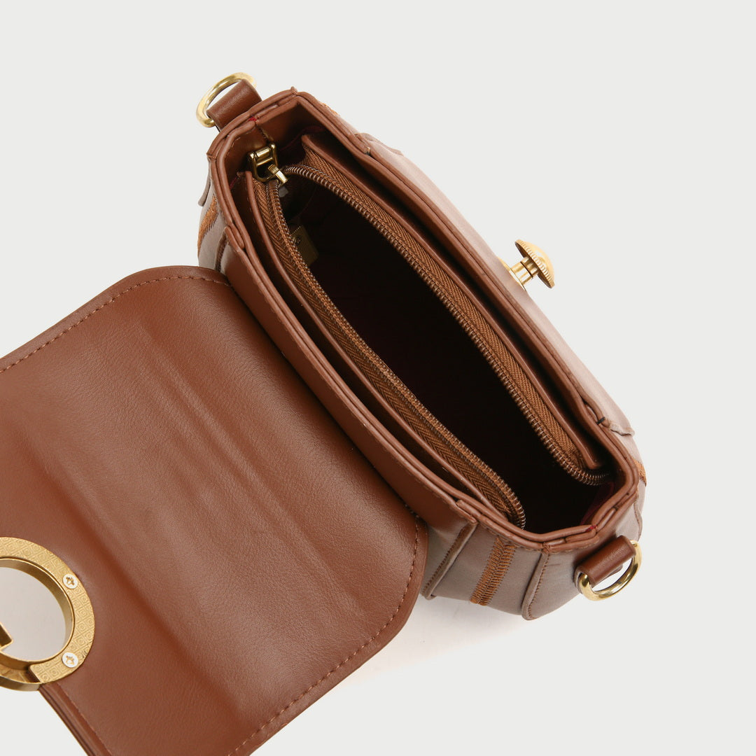 Elegant metal ring detail flap PU leather crossbody bag