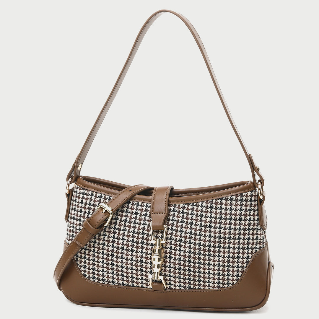 Strapped houndstooth canvas PU leather baguette bag