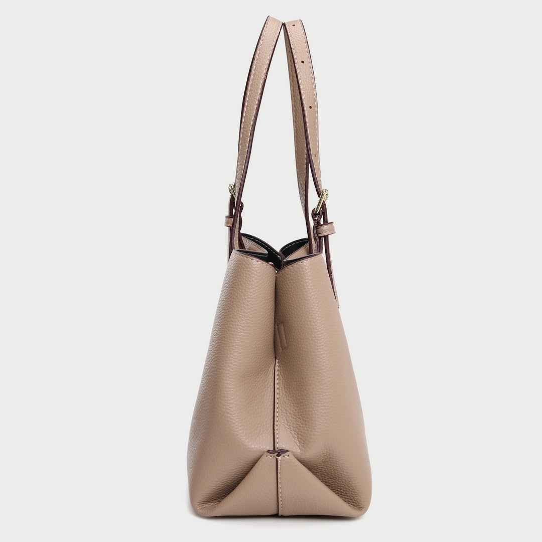 Minimal buckled handle dual compartment grained PU leather tote