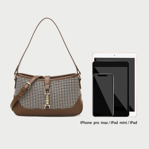 Strapped houndstooth canvas PU leather baguette bag