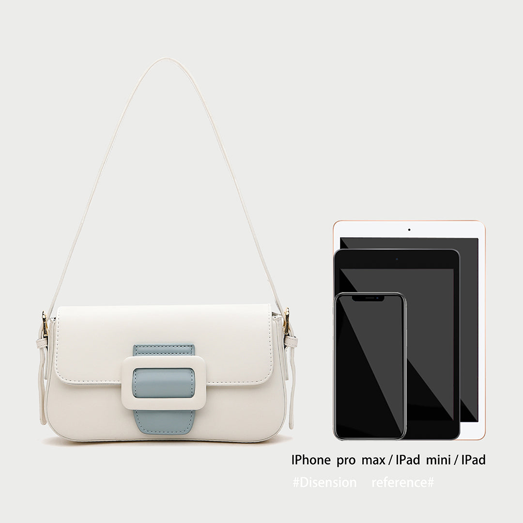 Classic buckle-strap flapover smooth PU leather shoulder bag