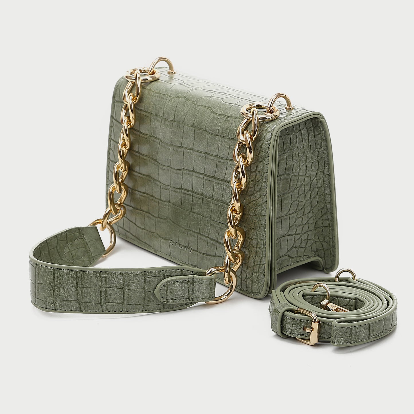 Flapover boxy croc-embossed PU leather crossbody bag