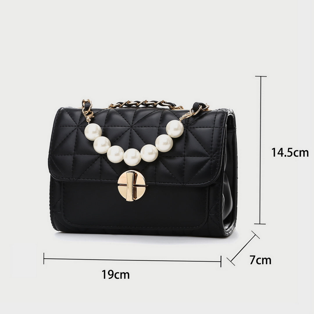 Faux pearl embellished strap turn-lock flap quilted  PU leather crossbody bag