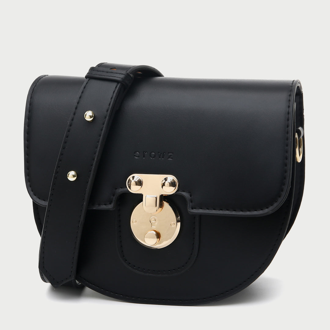 Elegant metal closure PU leather saddle crossbody bag