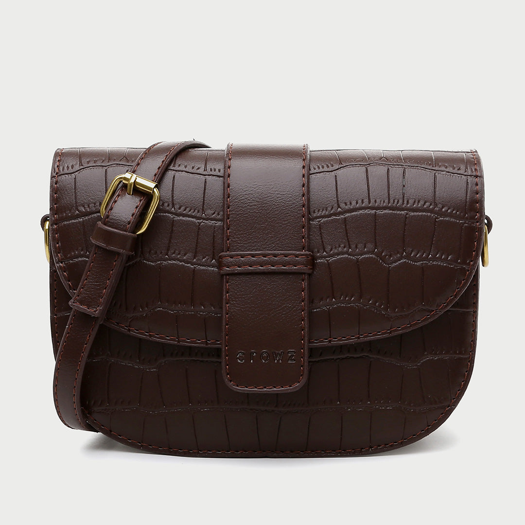 Strap flap croc-embossed PU leather saddle bag