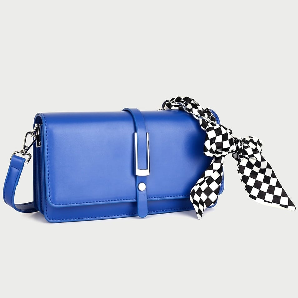 Strap flap design check print scarf detail PU leather crossbody bag