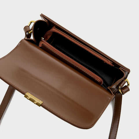 Metal pushlock strap style flapover PU leather crossbody bag