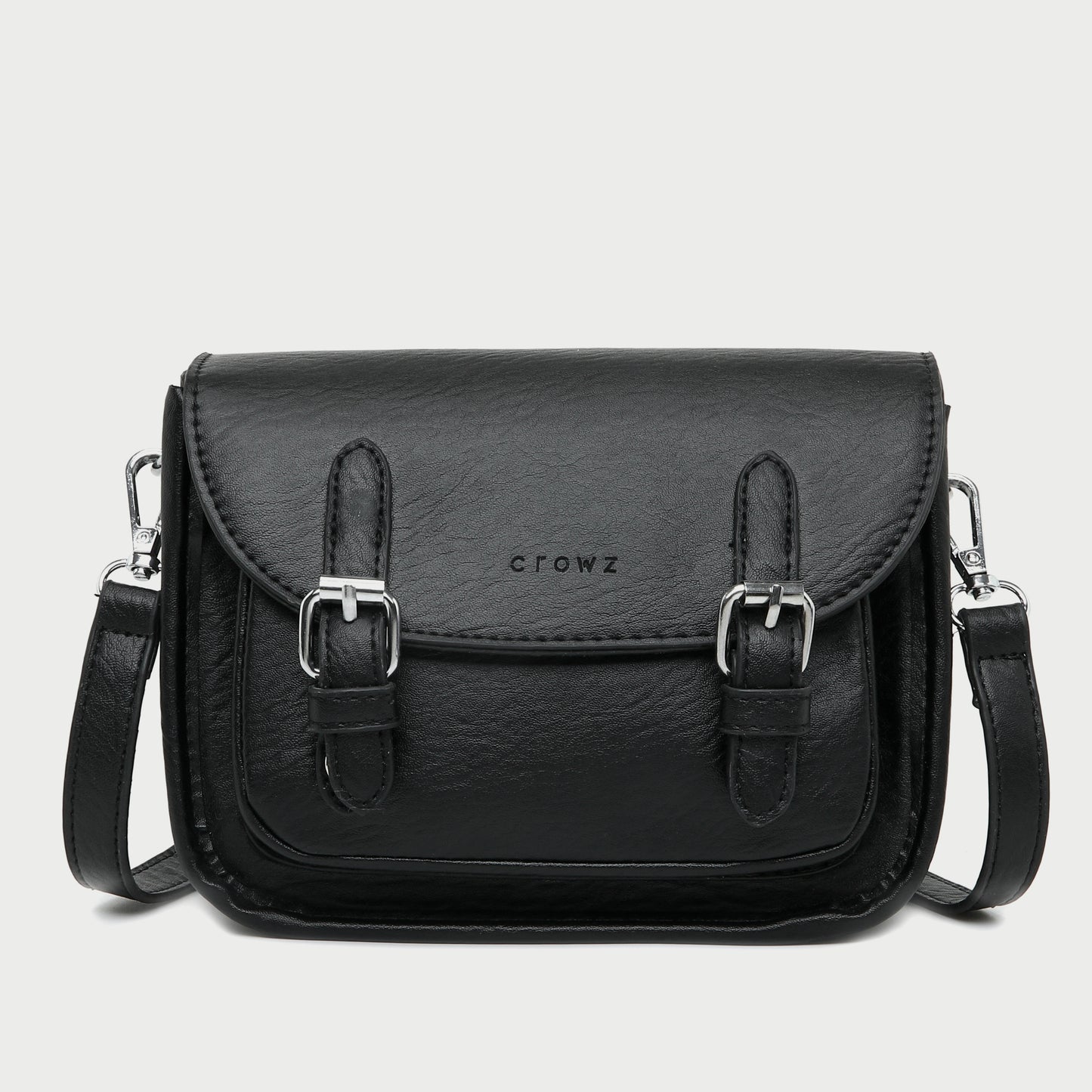 Double buckle strap flapover front pocket PU leather crossbody bag
