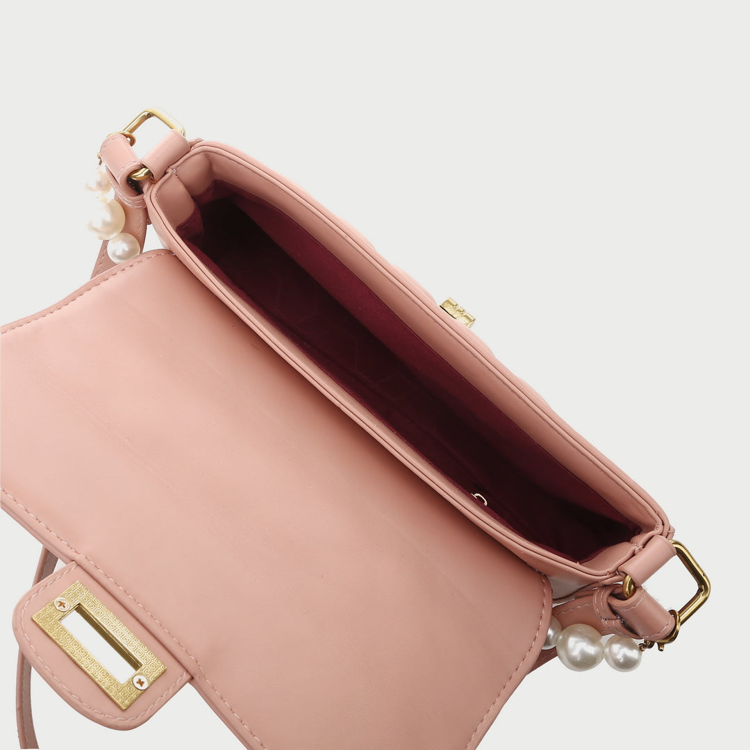 Faux pearl handle turn-lock quilted PU leather shoulder bag
