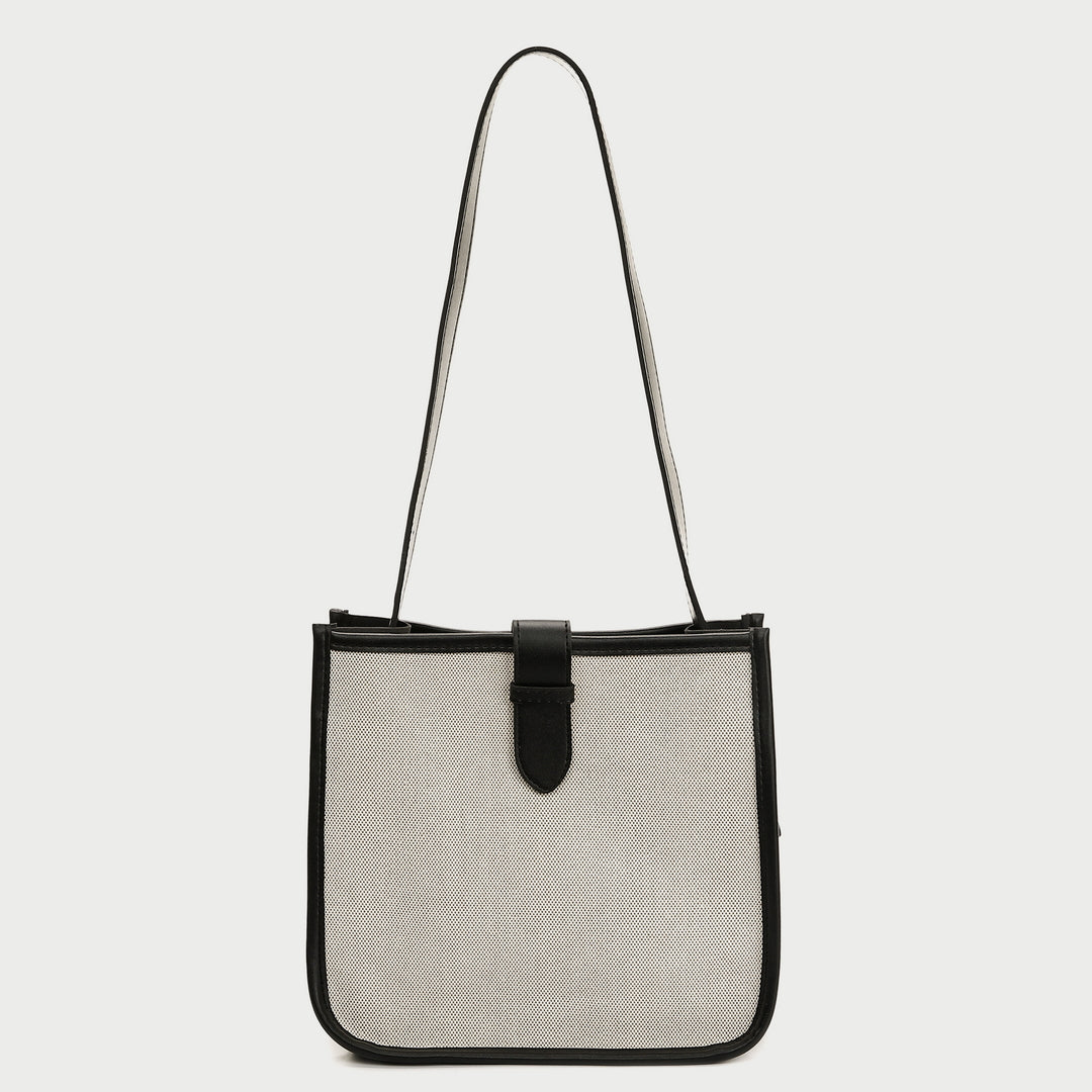 Contrast PU leather gusset strap detail canvas crossbody bag