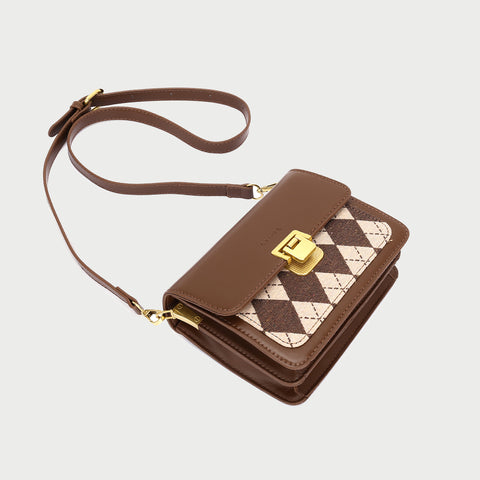 Argyle check pattern canvas panel PU leather crossbody bag