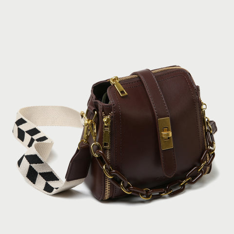 Chain handle patterned strap two-compartment PU leather crossbody bag