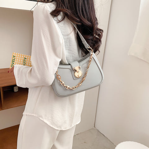 Metal chain strap PU leather baguette bag