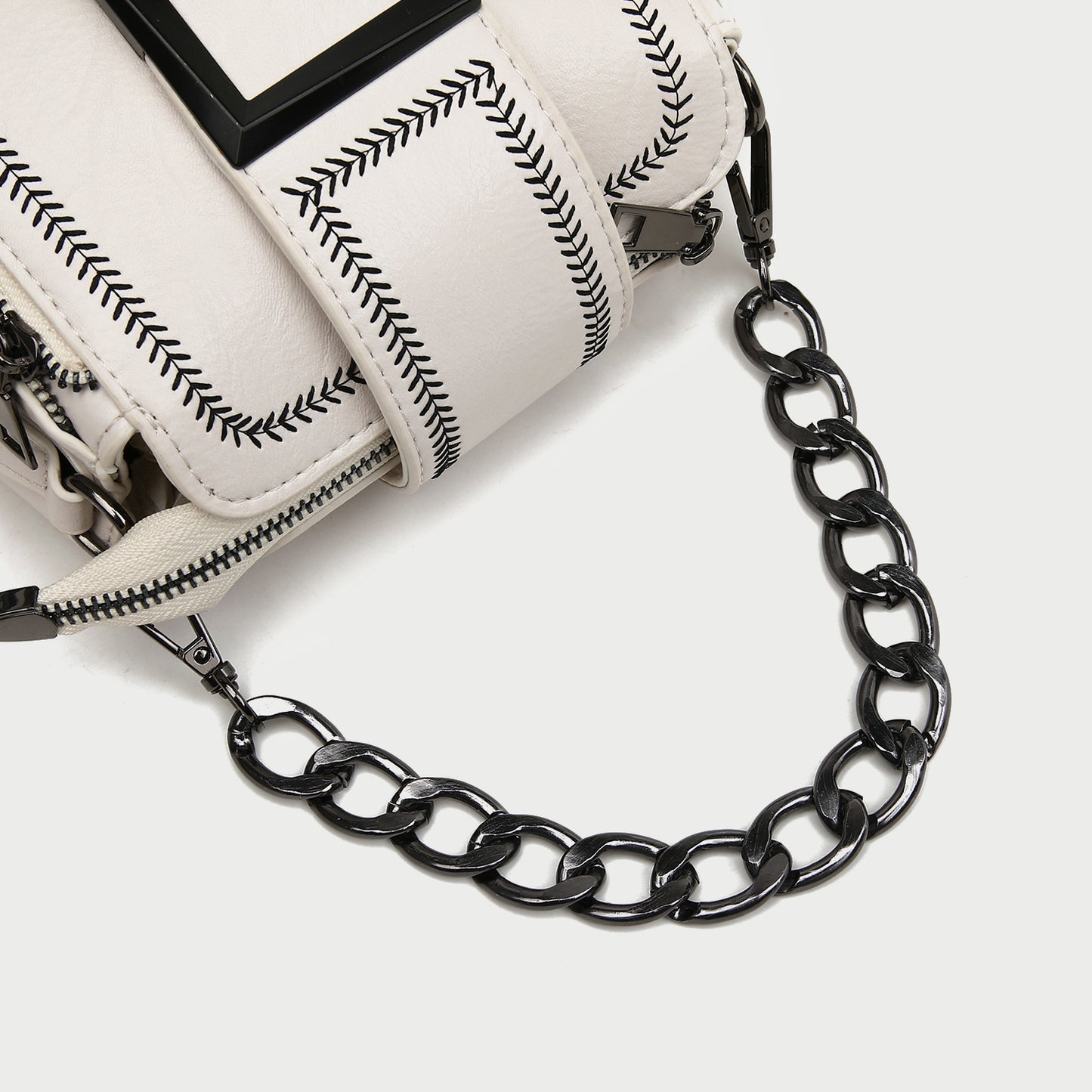 Frame embellished chervon topstitch zip side chain handle PU leather crossbody bag
