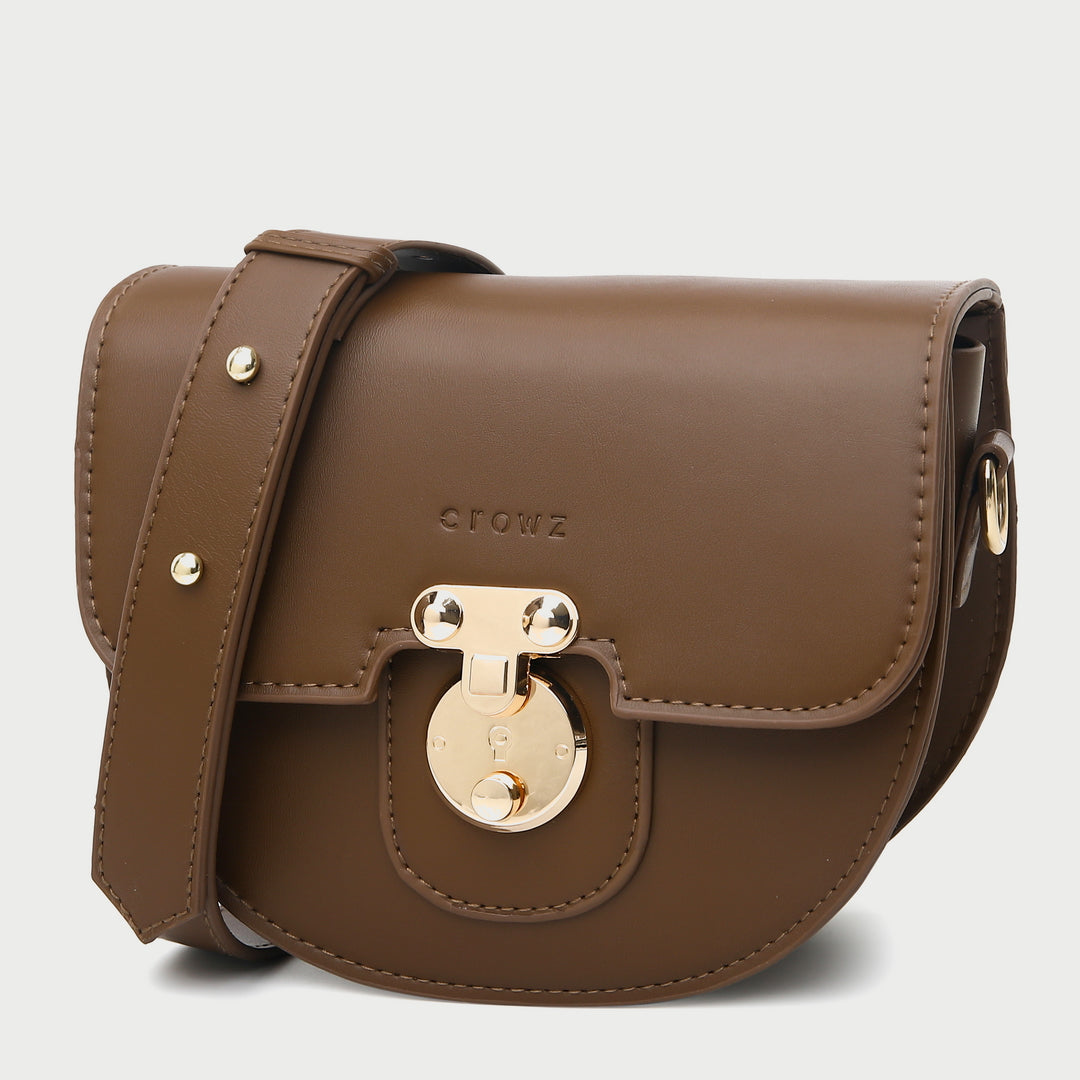 Elegant metal closure PU leather saddle crossbody bag