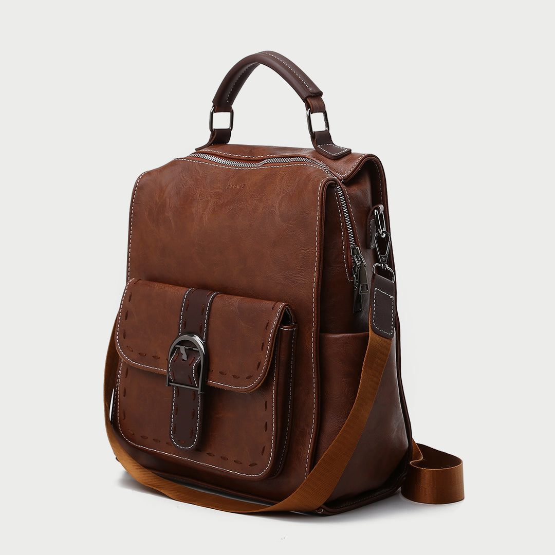 Retro buckle strap pocket functional PU leather backpack