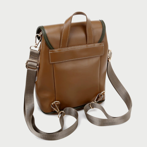 Retro buckle strap flap contrast piping PU leather backpack