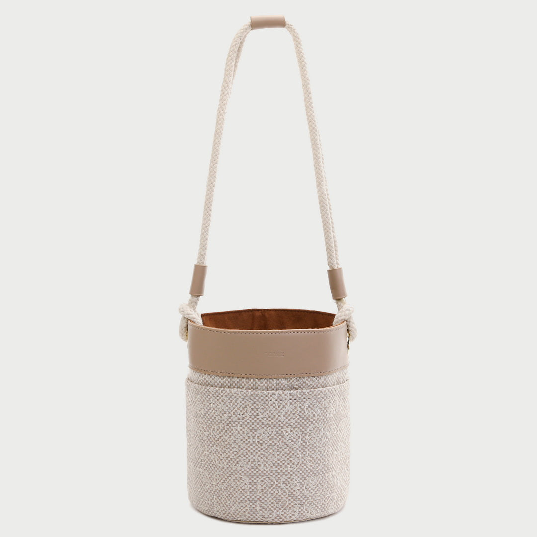 Contrast PU leather trim jacquard detail woven cylinder bucket bag