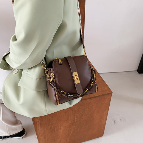 Chain handle patterned strap two-compartment PU leather crossbody bag