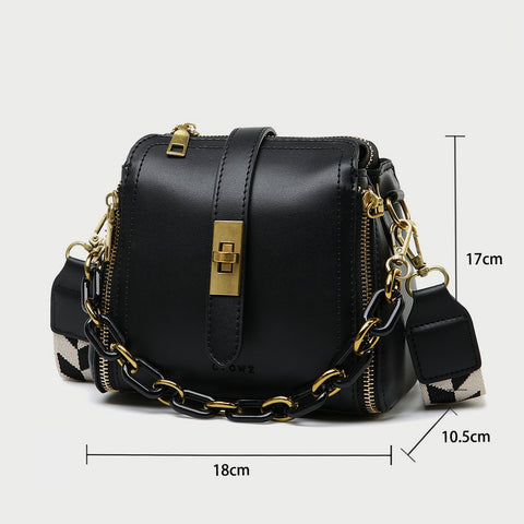Chain handle patterned strap two-compartment PU leather crossbody bag