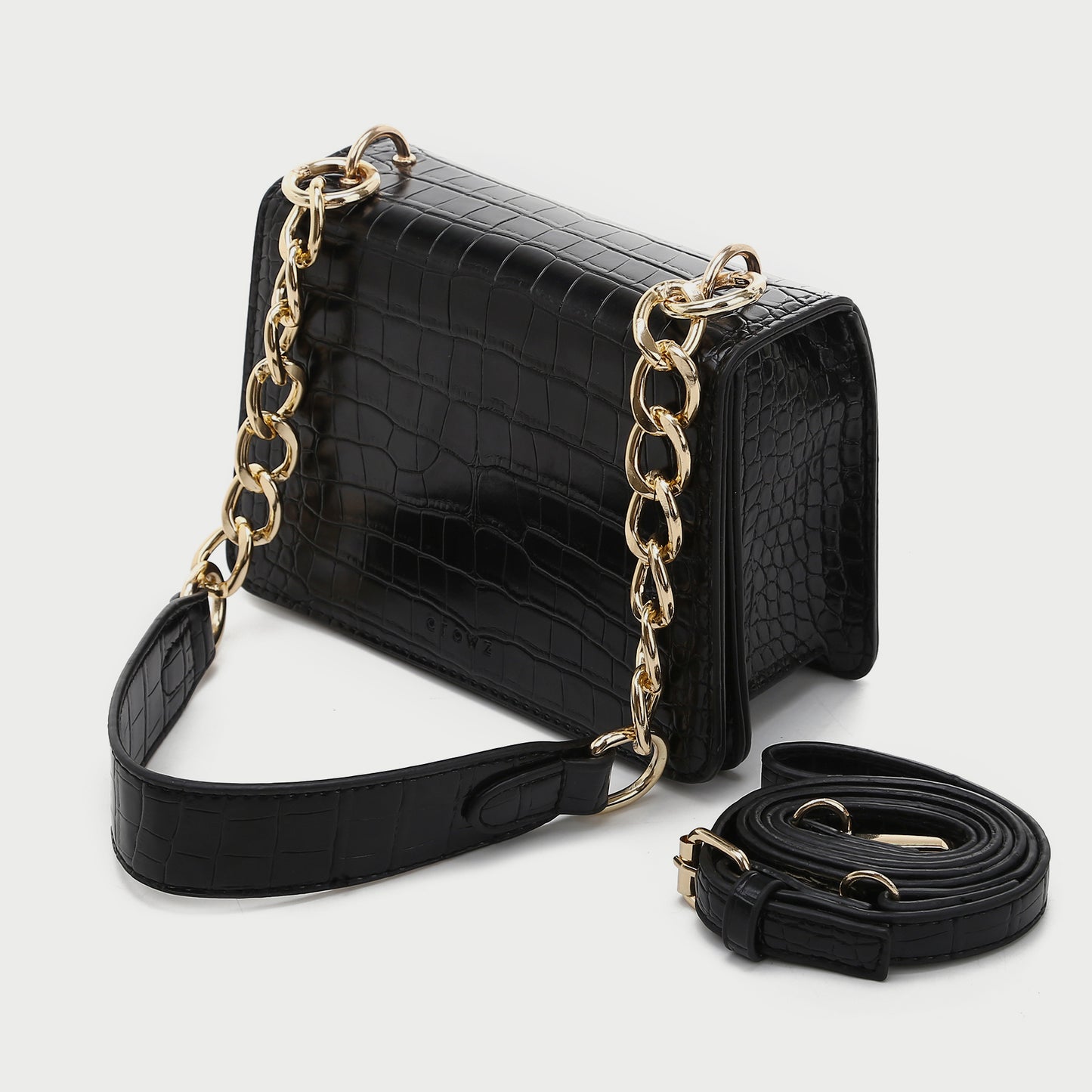 Flapover boxy croc-embossed PU leather crossbody bag