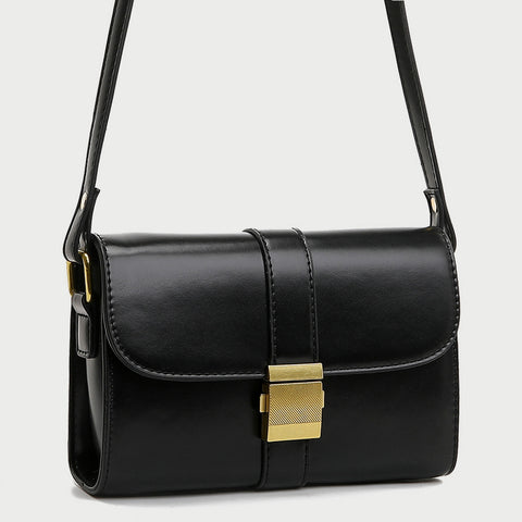 Metal pushlock strap style flapover PU leather crossbody bag