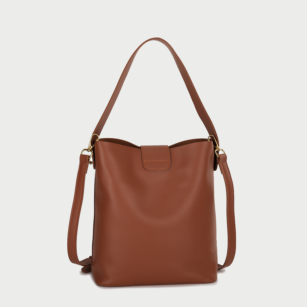Metal clasp closure strap PU leather bucket bag (2-in-1 set)