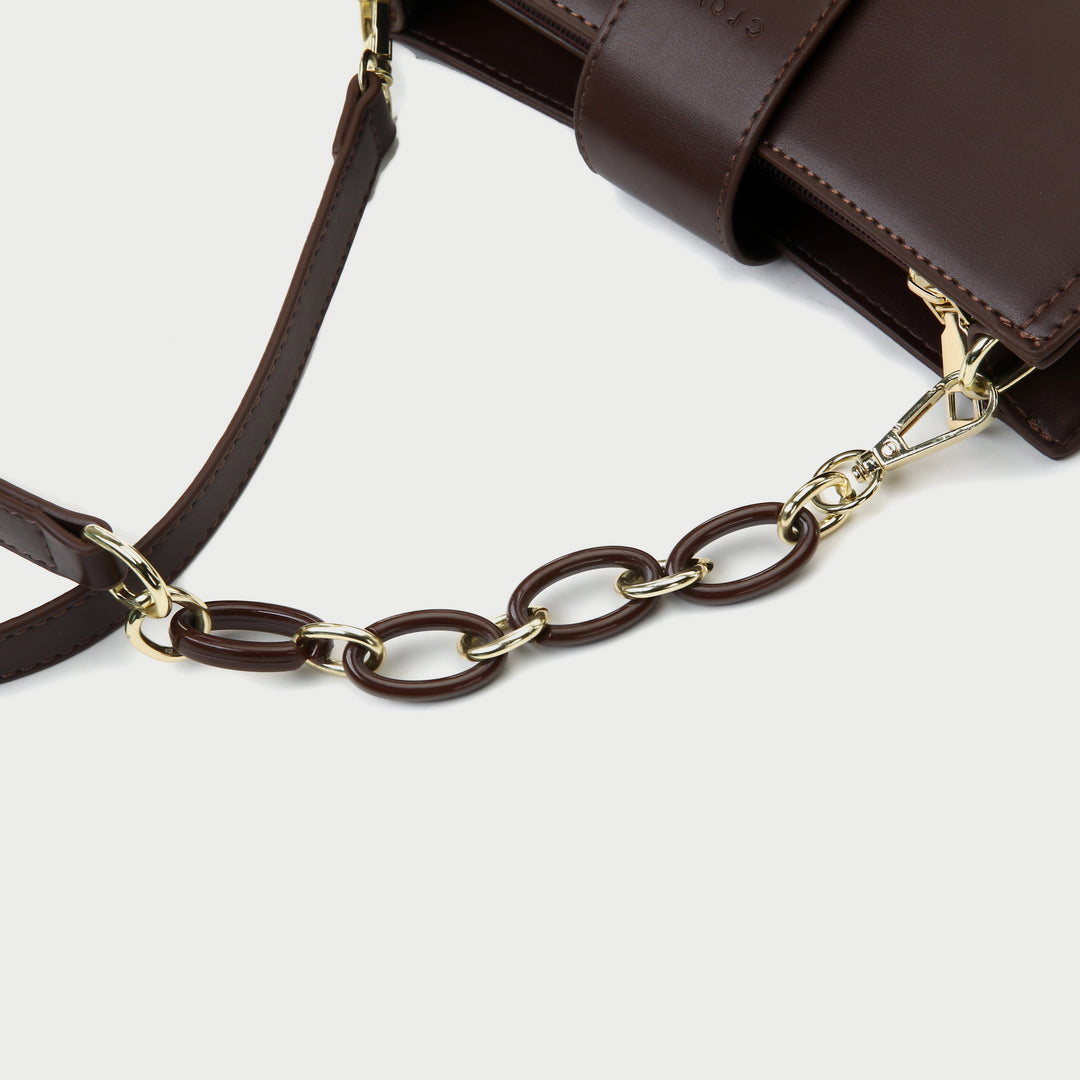 Contrast chain strap trapezoid PU leather shoulder bag