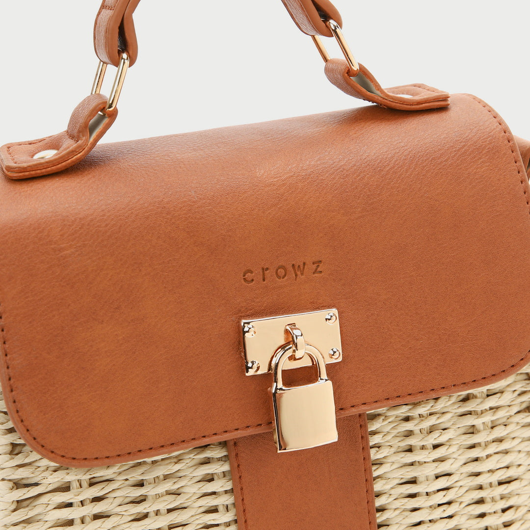 Metal padlock flapover PU leather rattan bag