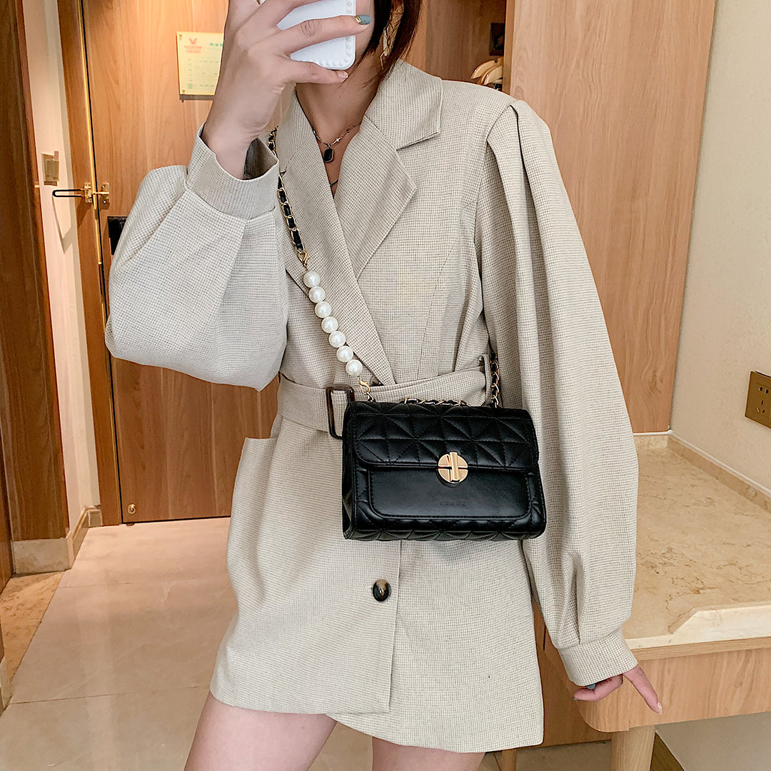 Faux pearl embellished strap turn-lock flap quilted  PU leather crossbody bag