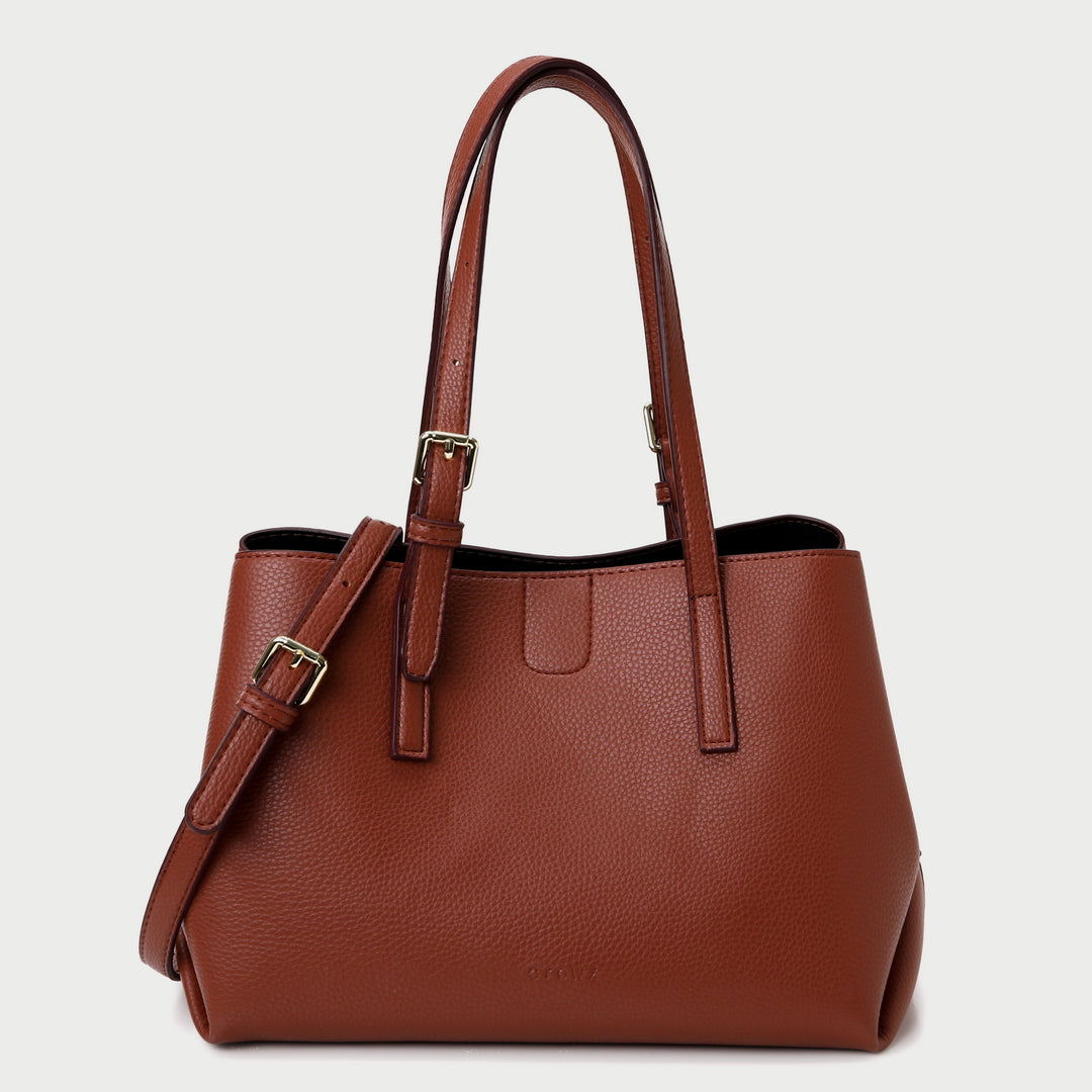 Minimal buckled handle dual compartment grained PU leather tote