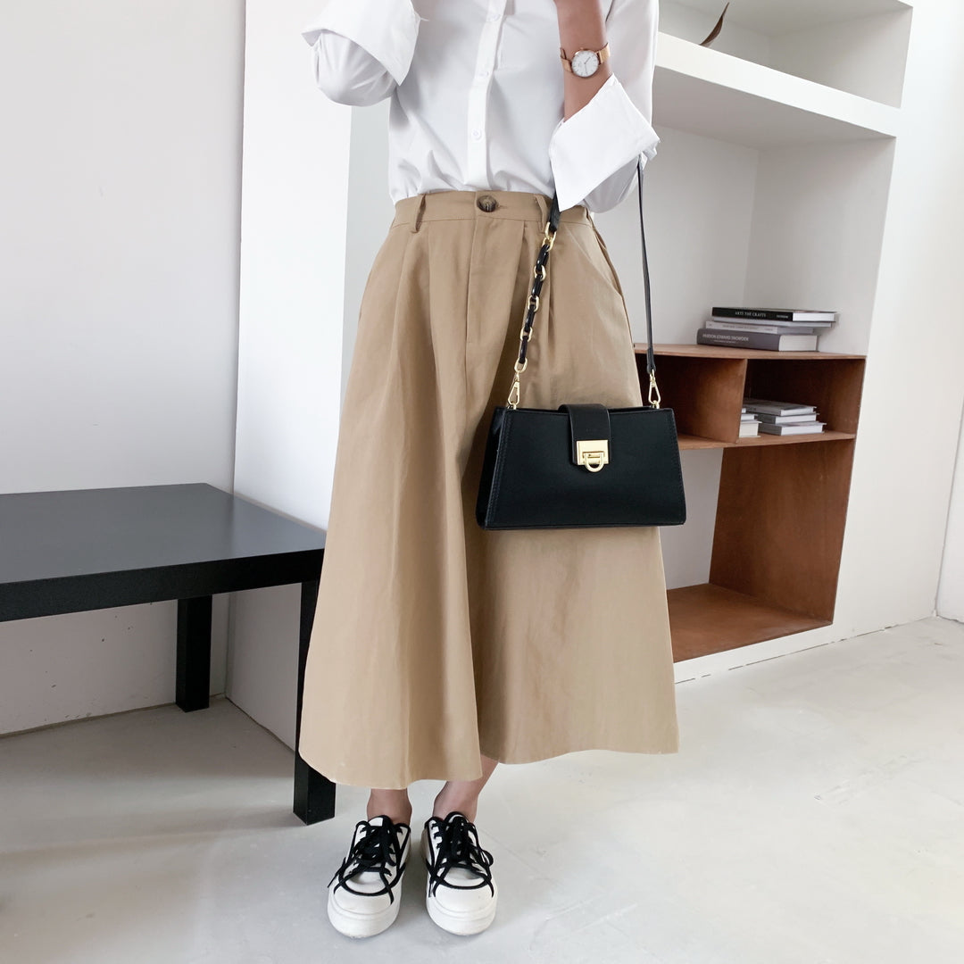 Contrast chain strap trapezoid PU leather shoulder bag