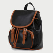 Retro buckle strap flap contrast piping PU leather backpack