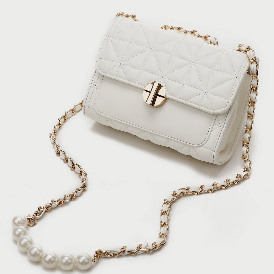 Faux pearl embellished strap turn-lock flap quilted  PU leather crossbody bag
