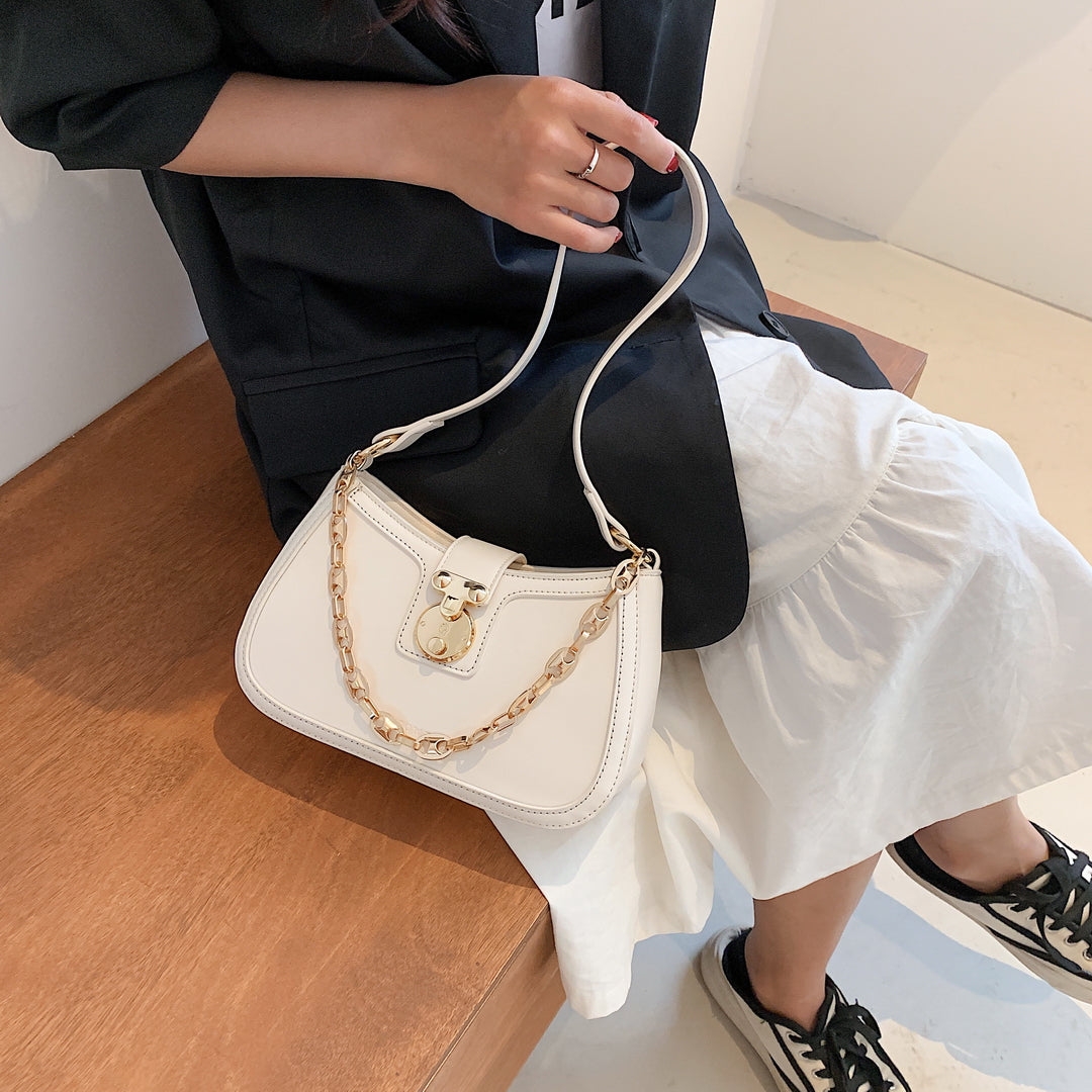 Metal chain strap PU leather baguette bag