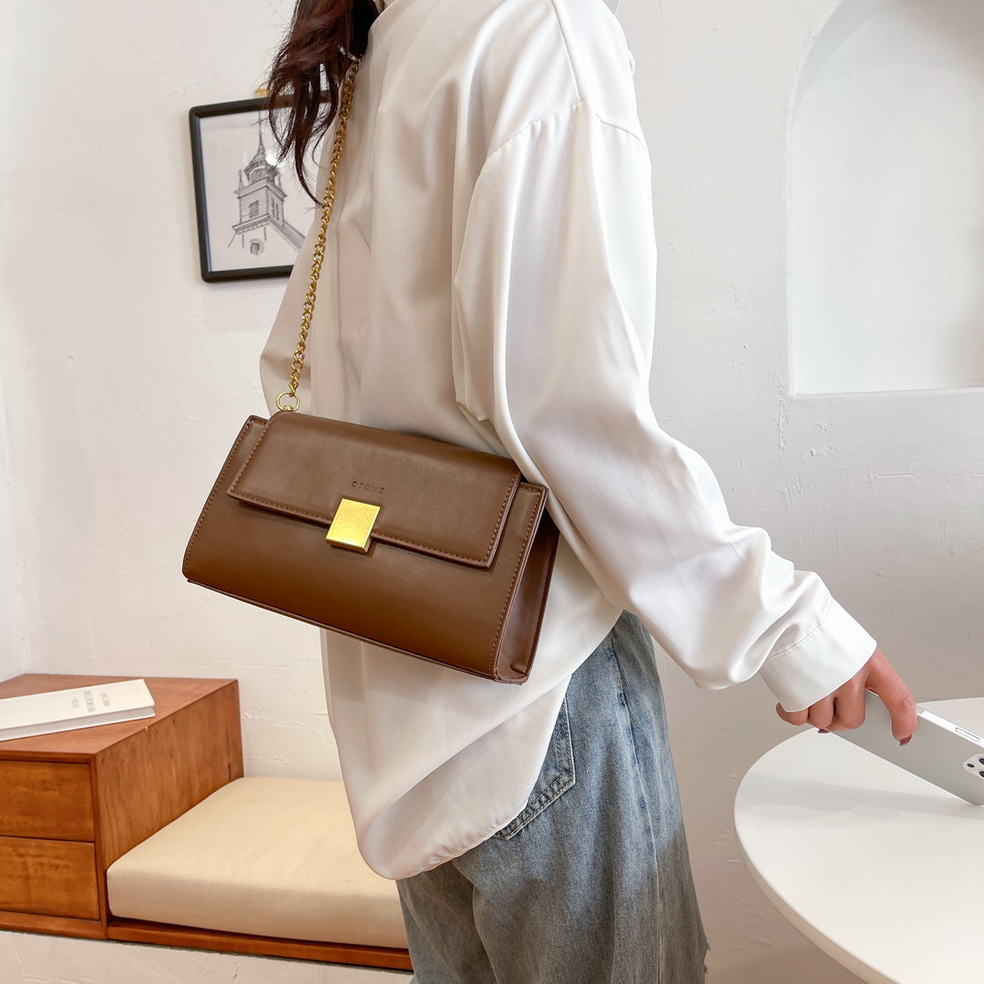 Square metal detail flap style chain strap PU Leather bag