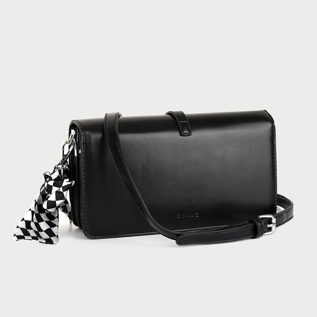 Strap flap design check print scarf detail PU leather crossbody bag