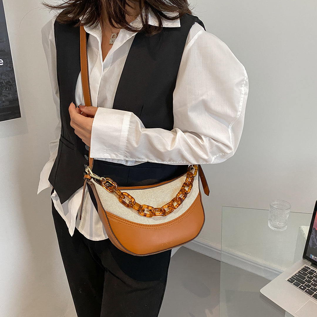 Agate-effect chain handle colourblock canvas PU leather crossbody bag