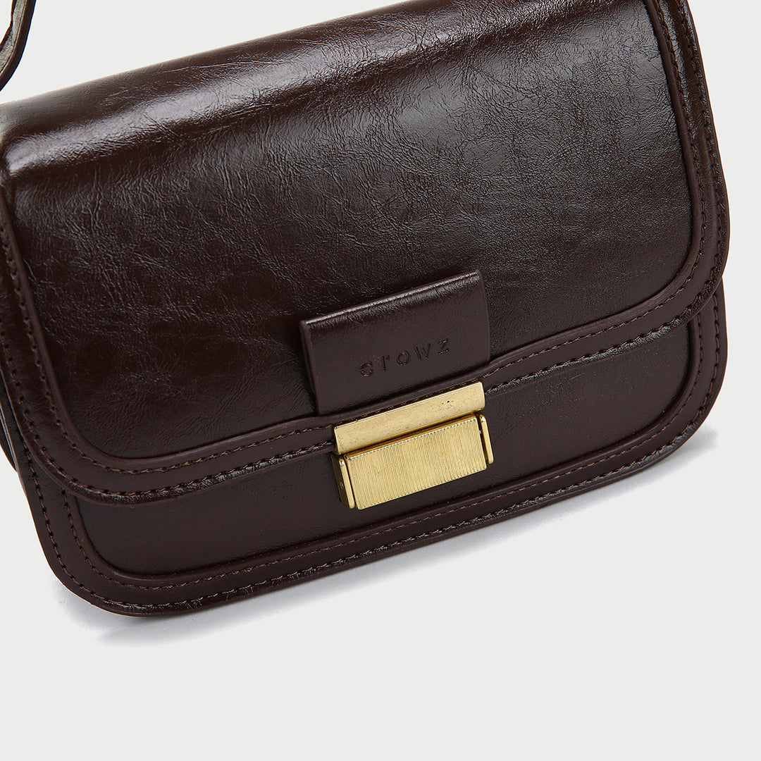 Metal clasp-lock flapover dual compartment PU leather crossbody bag