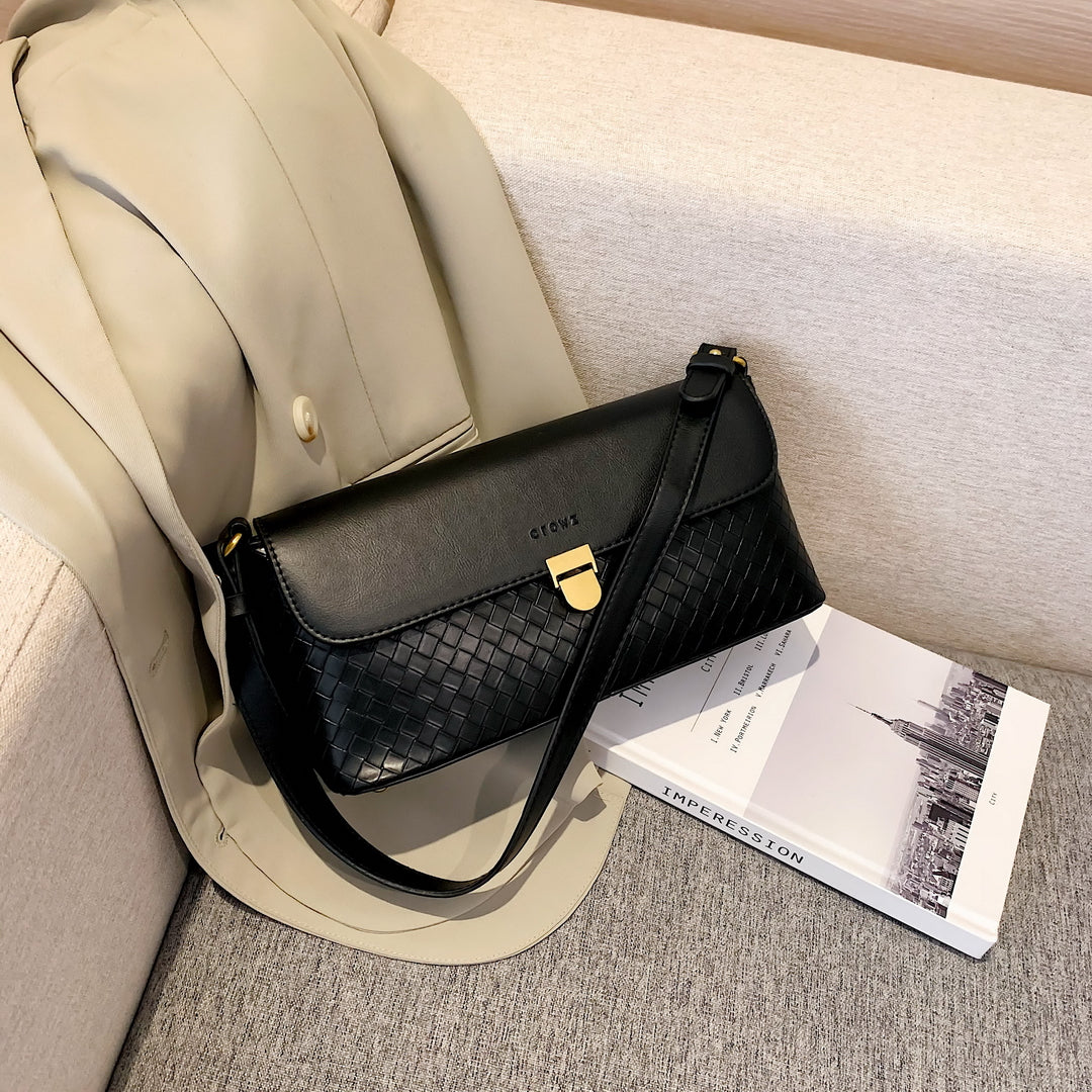 Elegant minimalistic flap style woven PU leather crossbody bag