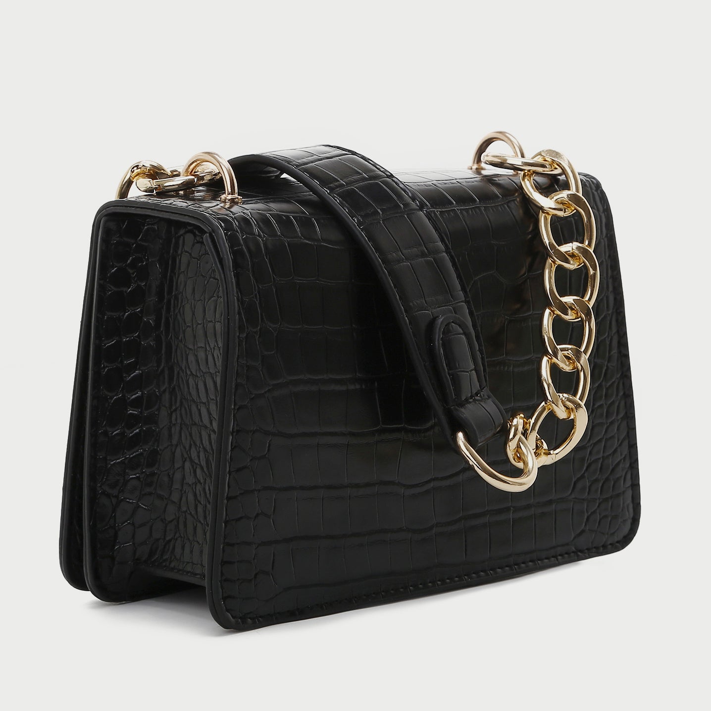 Flapover boxy croc-embossed PU leather crossbody bag