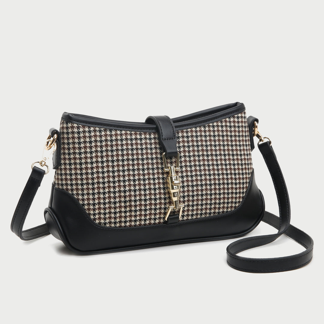 Strapped houndstooth canvas PU leather baguette bag