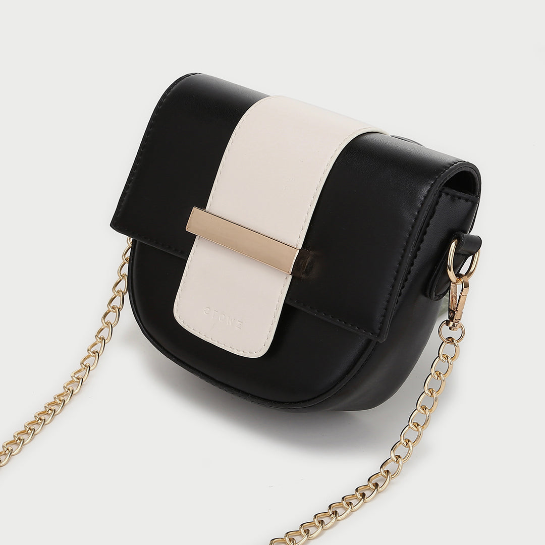 Metal bar colourblock flap PU leather crossbody bag